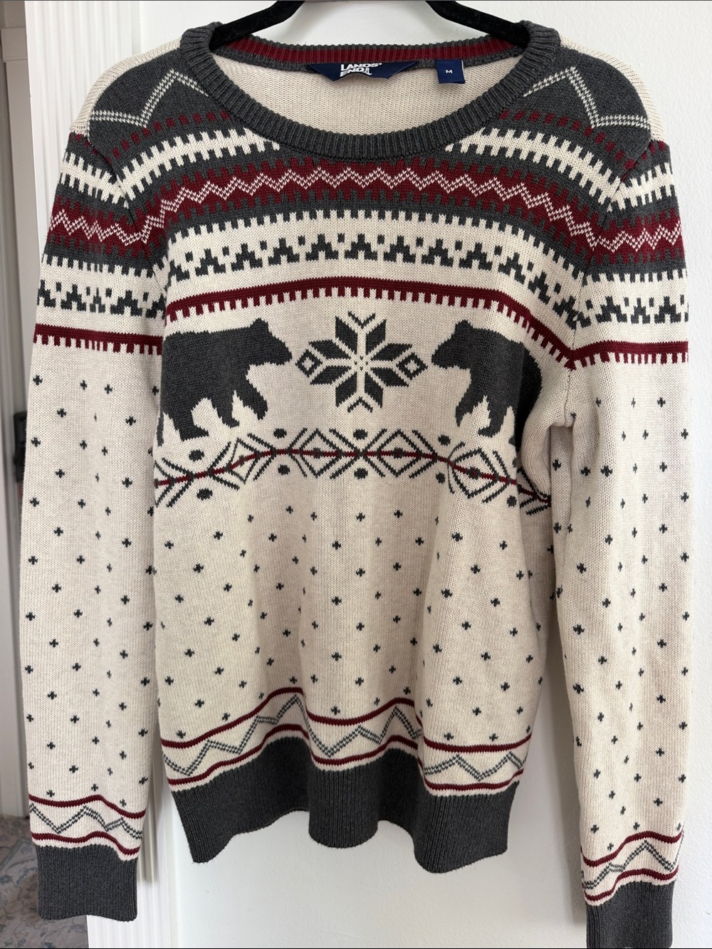 Lands' End Men's Cream Fair Isle Bear Crewneck Sweater - Cream/Charcoal/Red